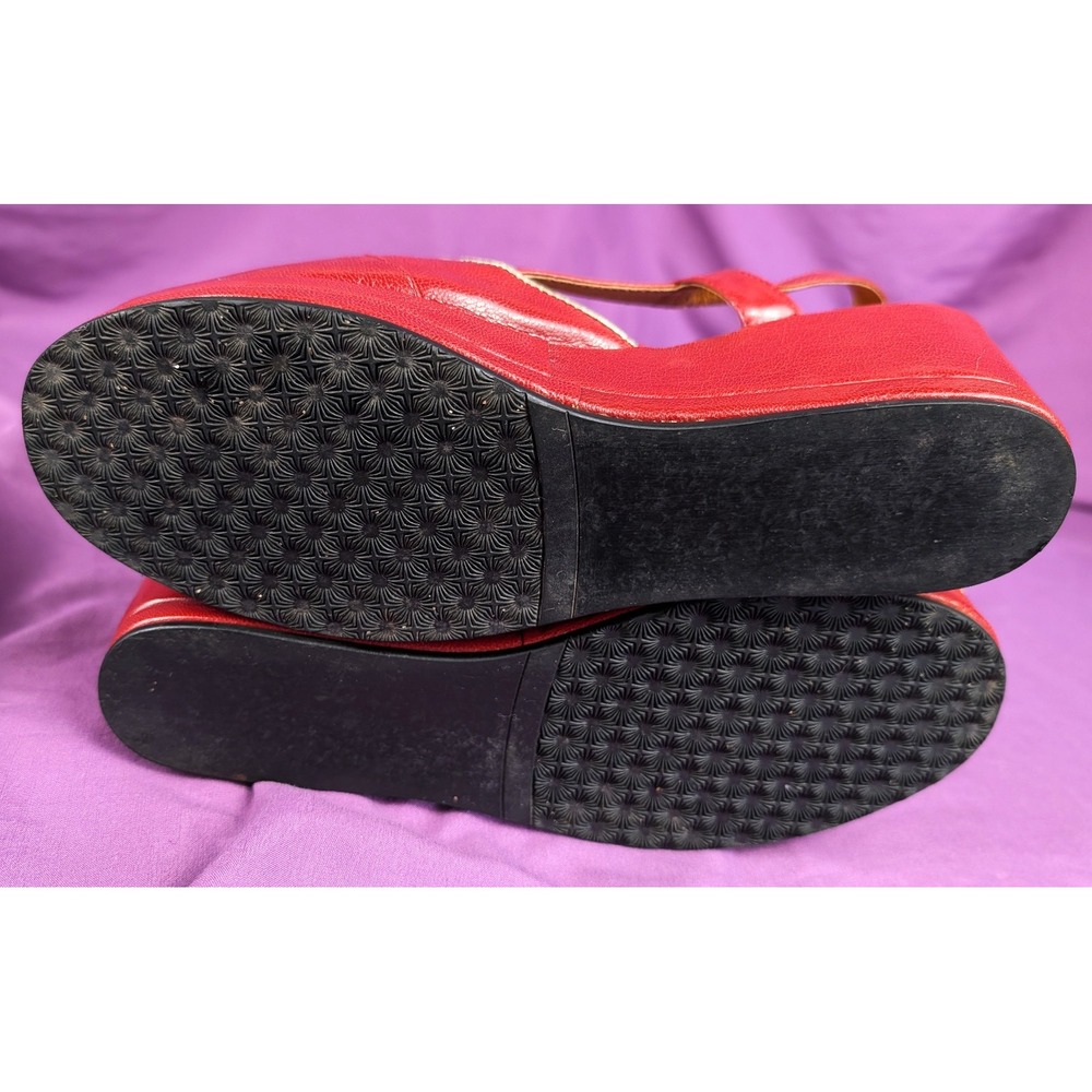 Re-mix Vintage Red L'amour Wedge Belted Sling Back Layered Sz 8 Peep Toe - Picture 12 of 12